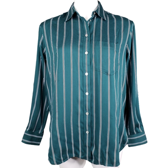 Madewell | NWT Green Satin Oversized Boy Shirt in Stripe Button Down Women's XXS - Picture 1 of 6